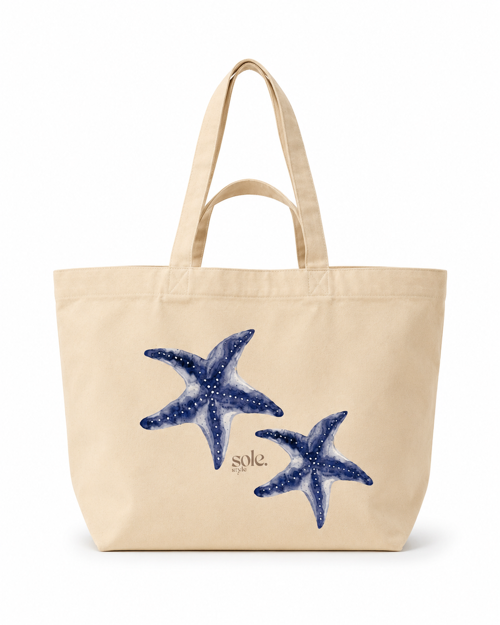 Beige tote bag with blue starfish design on a white background