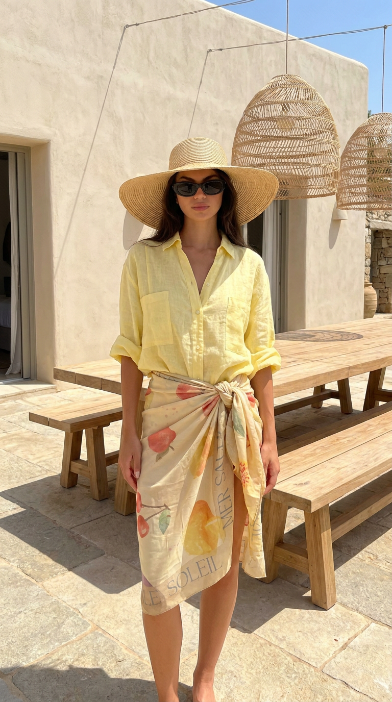 Woman in a yellow shirt and floral skirt standing outdoors with wooden benches and hanging baskets.