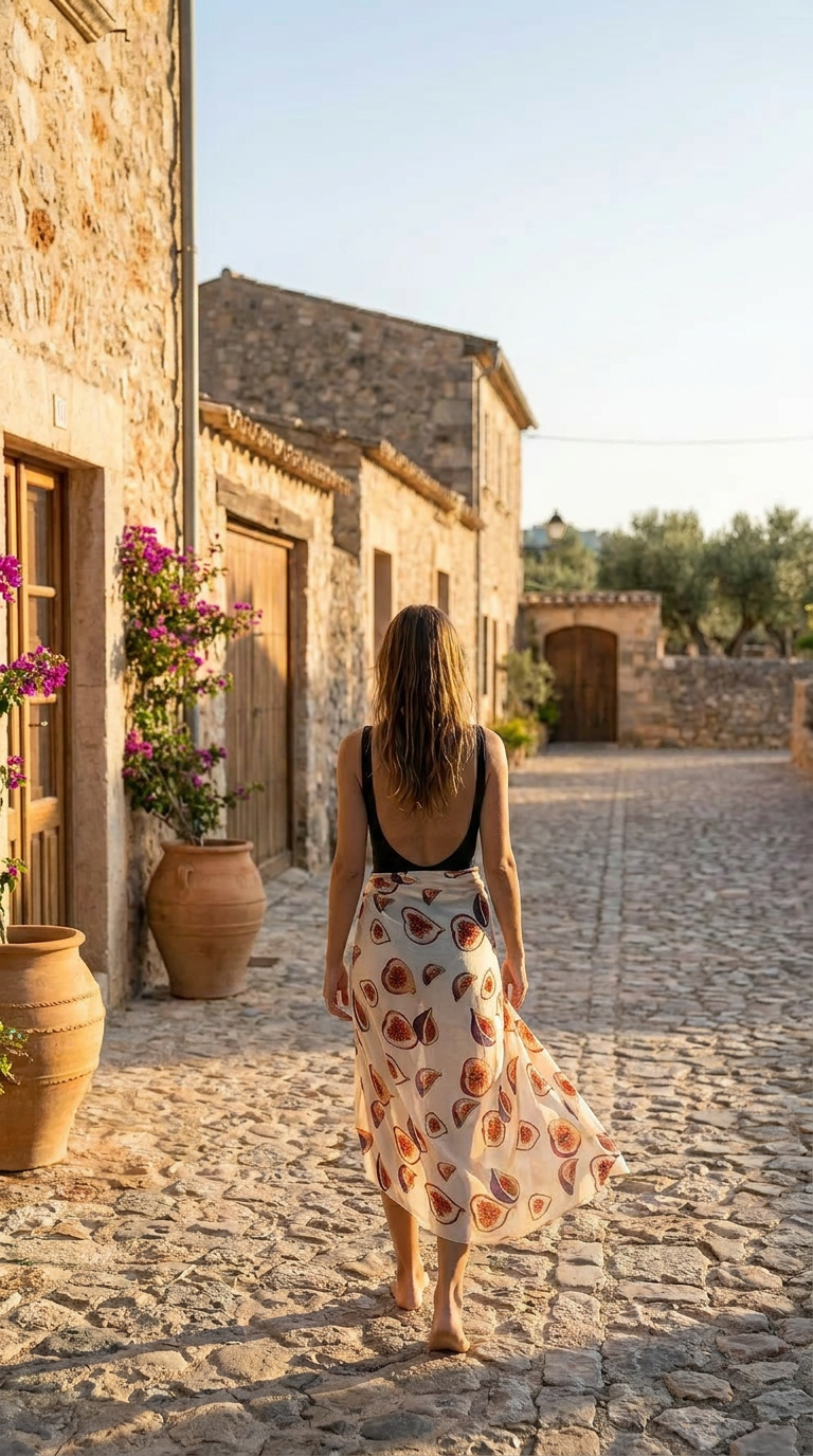 Woman walking down a sunlit cobblestone street in a Mediterranean village.