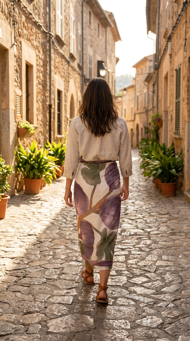 Woman walking down a sunlit cobblestone street in an Italian village.