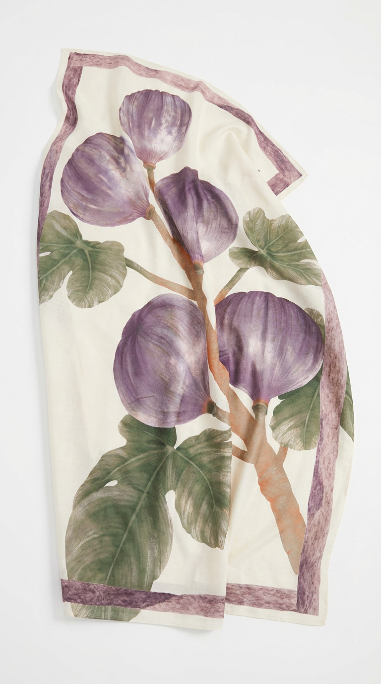 Decorative pareo with purple figs and green leaves on a white background