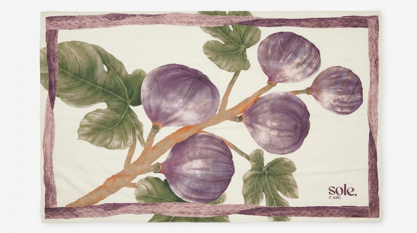 Tea towel with illustration of figs and leaves on a white background