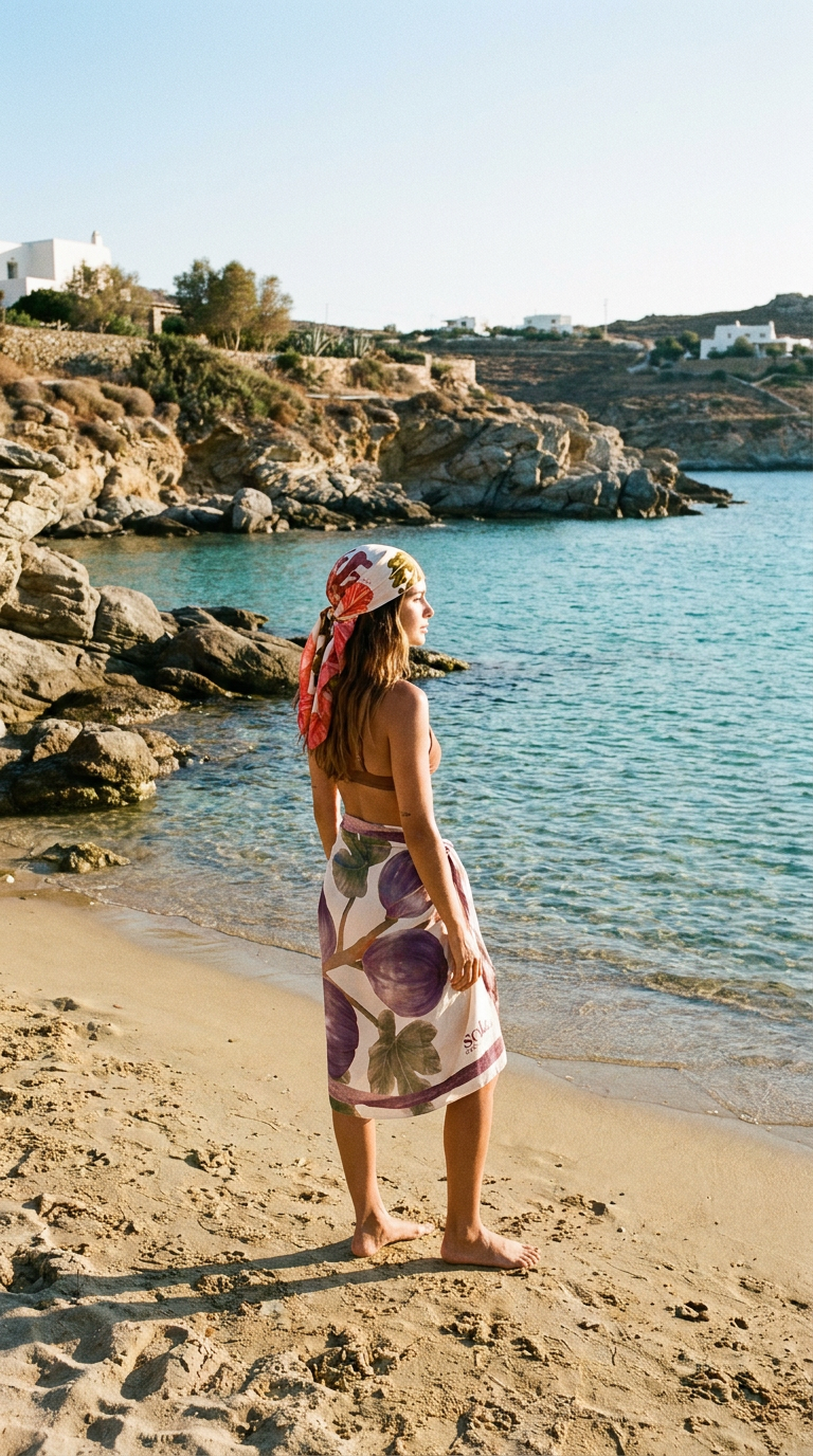 Woman standing on a beach with a scenic coastal background