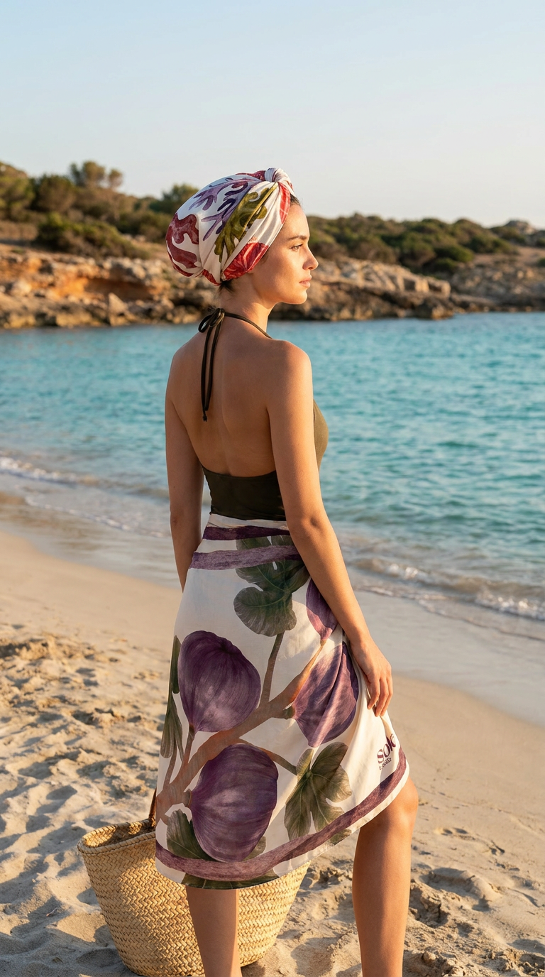 Woman on a beach wearing a colorful headscarf and a patterned dress.