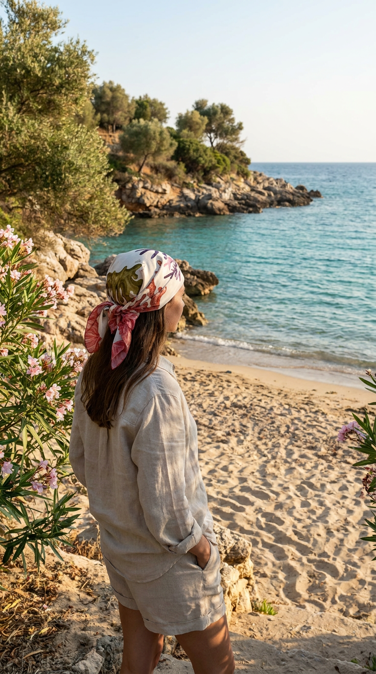 Woman standing on a beach with ocean and rocky shoreline in the background