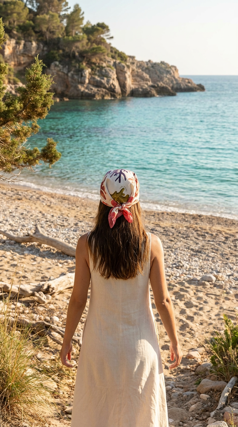 Woman in a white dress with a headscarf standing on a rocky beach with turquoise water and cliffs.